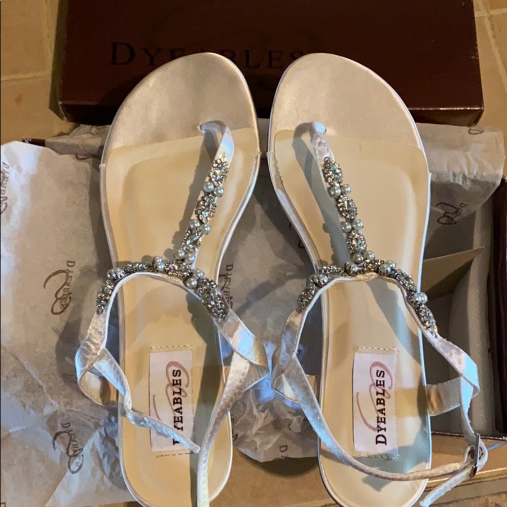 PEARL AND CRYSTAL ENCRUSTED DYEABLE T-STRAP SANDAL